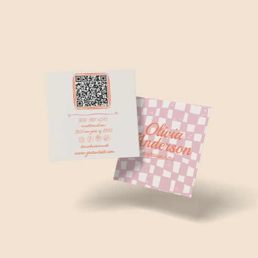 Carte De Visite Carré QR Code Retro rose orange tiré À damiers fille