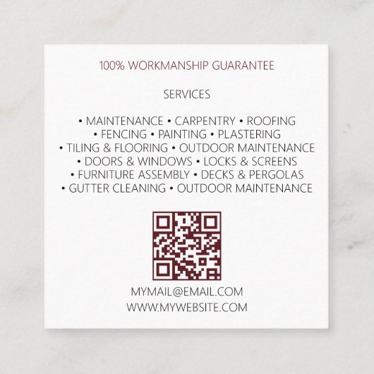 Carte De Visite Carré QR Code Rustic Carpenter Outils Woodworker (Dos)