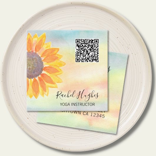 Carte De Visite Carré QR Code Yoga Instructeur Tournesol Aquarelle
