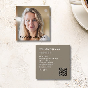 Carte De Visite Carré QR Média Sociaux Photo Professionnelle Taupe
