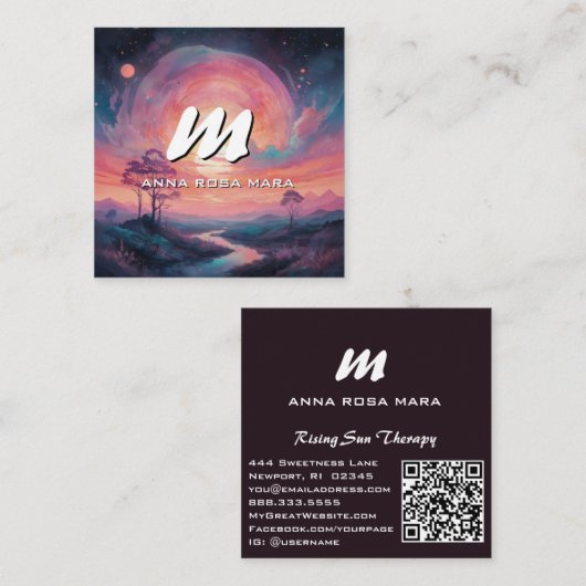 Carte De Visite Carré *~* QR Mountains Stream Moderne Paysage Sun AP93 (Devant / Derrière)