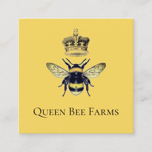 Carte De Visite Carré Queen Bee Crown Farm Apiary Jaune Or (Devant)