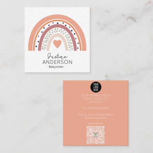 Carte De Visite Carré Rainbow Funky SCANDI HEART RAINBOW BABYSITTER (Devant / Derrière)