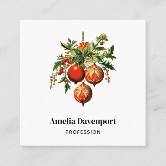 Carte De Visite Carré Red Christmas Baubles avec Holly Festive (Devant)