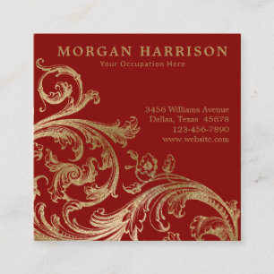 Carte De Visite Carré Red Gold Damask Baroque Swirl