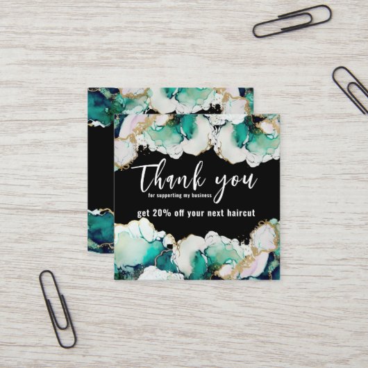 Carte De Visite Carré Remerciement Abstrait Vert Noir Élégant Entreprise (Devant/Arrière en situation)