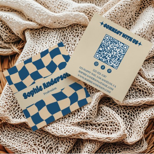 Carte De Visite Carré Retro Beige & Blue Wavy Checkerboard with QR Code