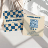 Carte De Visite Carré Retro Beige & Blue Wavy Checkerboard with QR Code