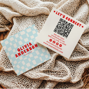 Carte De Visite Carré Retro Blue Bold Super QR Code À damiers tendance