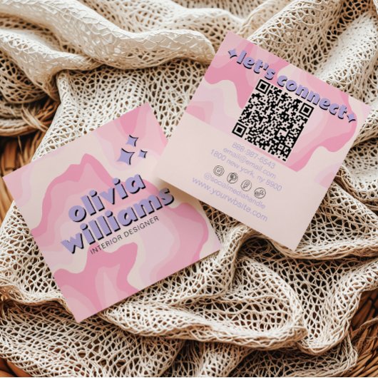 Carte De Visite Carré Retro Bold Pink Purple QR Code Groovy Girly Trendy