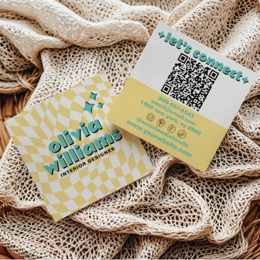 Carte De Visite Carré Retro Bold QR Code Groovy Checkered Boho Trendy
