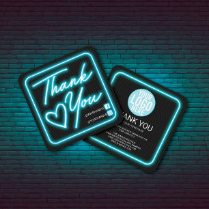 Carte De Visite Carré Retro Neon Turquoise Signal lumineux Merci client
