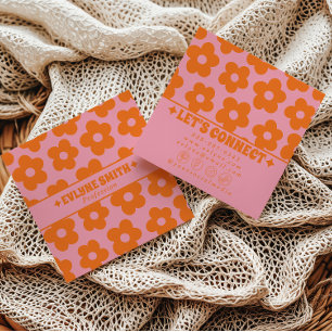 Carte De Visite Carré Rétro Orange Rose Floral Branché Amusant Bohème