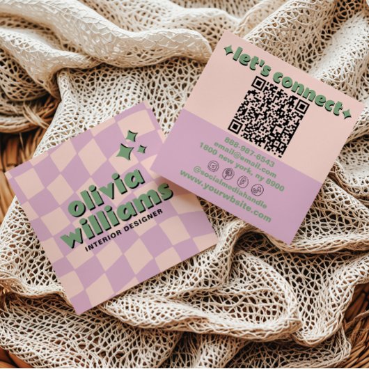 Carte De Visite Carré Retro Pink Green QR Code Groovy Checkered Girly