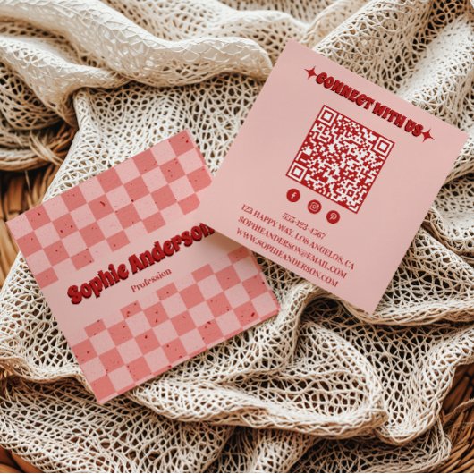 Carte De Visite Carré Retro Pink & Red Checkerboard with QR Code