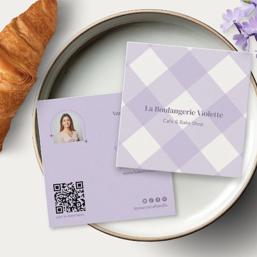 Carte De Visite Carré Retro Purple Bakery Gingham QR Code Photo