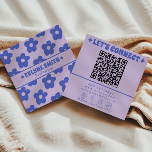 Carte De Visite Carré Retro Purple Blue QR Code Groovy Floral Trendy Fun