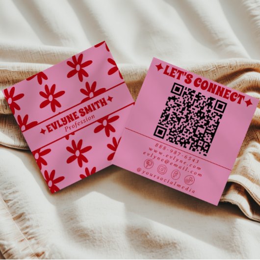 Carte De Visite Carré Retro Red Pink QR Code Groovy Floral Girly Trendy