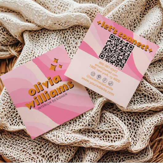 Carte De Visite Carré Retro Soft Pink Orange QR Code Groovy Girly Trendy