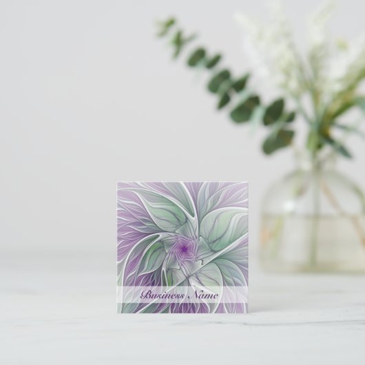 Carte De Visite Carré Rêve de fleurs, Abstrait violet vert Fractal Art (Debout devant)