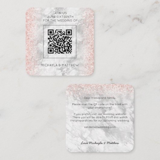 Carte De Visite Carré Rose Budget Parties scintillant or QR Code Mariage (Devant / Derrière)