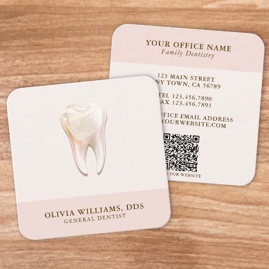 Carte de visite carré rose code QR dent moderne