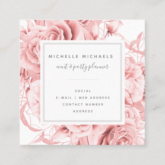 Carte De Visite Carré Rose Floral Or Simple Script Monogramme (Dos)