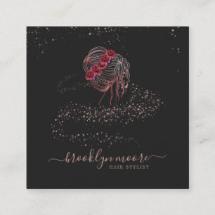 Carte De Visite Carré Rose Gold Logo Floral Coiffeur Élégant