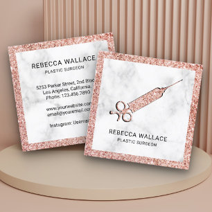 Carte De Visite Carré Rose Gold Marbre Blanc Seringue Chirurgien Plastic