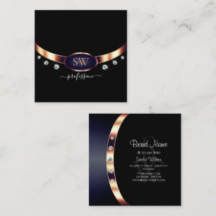 Carte De Visite Carré Rose Gold Noir Décoré de Diamants à Monogramme Ble