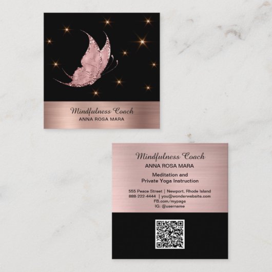 Carte De Visite Carré *~* Rose Gold QR code Parties scintillant Papillon (Devant / Derrière)