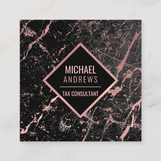 Carte De Visite Carré Rose moderne élégant or Foil Pierre en marbre noir (Devant)