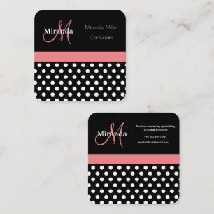 Carte De Visite Carré Rose noir blanc Polka point Monogramme