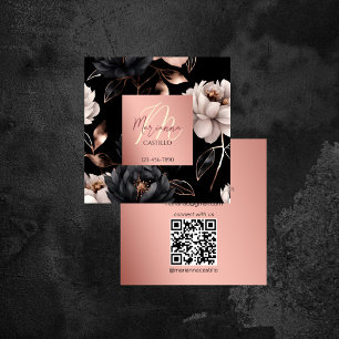 Carte De Visite Carré Rose noir or chic fleurs modèle qr