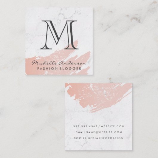 Carte De Visite Carré Rose or rose brossé | Marbre | Monogramme classiqu (Devant / Derrière)
