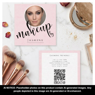 Carte De Visite Carré Rose Pâle Blanc Photo MUA Code QR Réseaux Sociaux