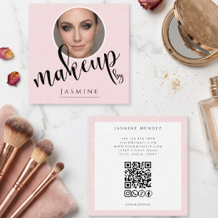 Carte De Visite Carré Rose Pâle Blanc Photo MUA QR Code Réseaux Sociaux