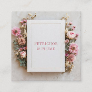 Carte De Visite Carré Rose Pâle Floral Cadre Doré Géométrique Rustique