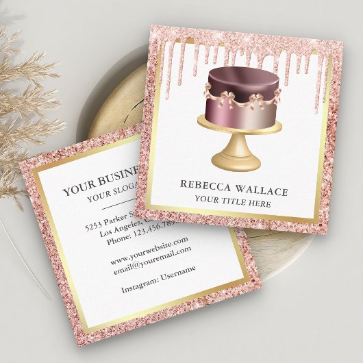 Carte De Visite Carré Rose Parties scintillant or Drives Custom Pink Cak