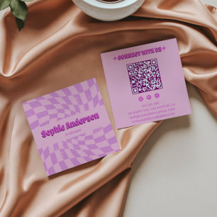 Carte De Visite Carré Rose Rétro Groovy Vagues Damier avec Code QR