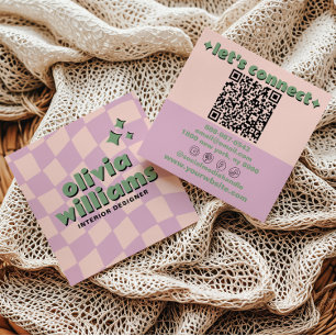 Carte De Visite Carré Rose Rétro Vert Code QR À Carreaux Groovy Féminin