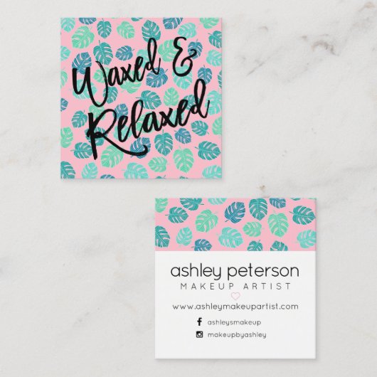 Carte De Visite Carré Rose tropical de feuille de typographie de cire (Devant / Derrière)