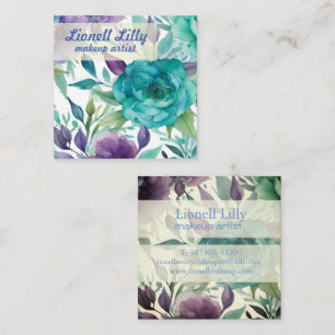 Carte De Visite Carré Roses Bleues Fleurs Aquarelle Violettes