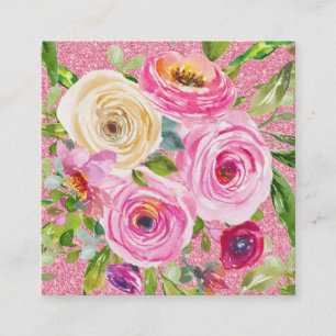 Carte De Visite Carré Roses d'aquarelle en Parties scintillant rose et c