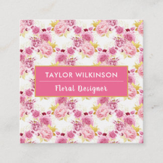 Carte De Visite Carré Roses floraux d'or et de rose sur White Carré Busi