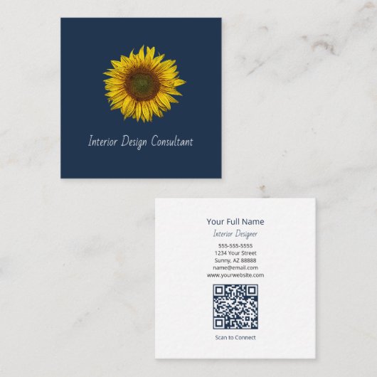Carte De Visite Carré Rustic Sunflower QR code Boho Navy Blue (Devant / Derrière)