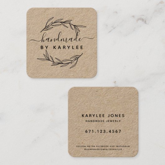 Carte De Visite Carré Rustique Feuille de laurier Script artisanal (Devant / Derrière)
