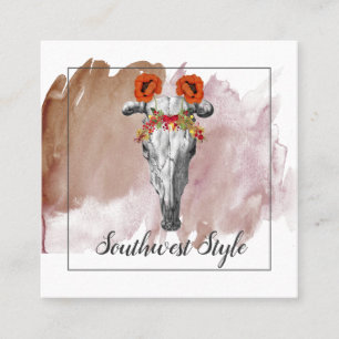 Carte De Visite Carré Rustique Floral Boho Cow Crâne et aquarelle terres