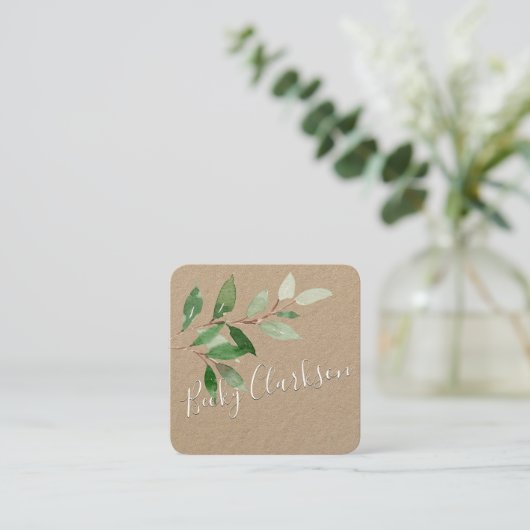 Carte De Visite Carré Rustique Kraft papier vert Script blanc (Debout devant)