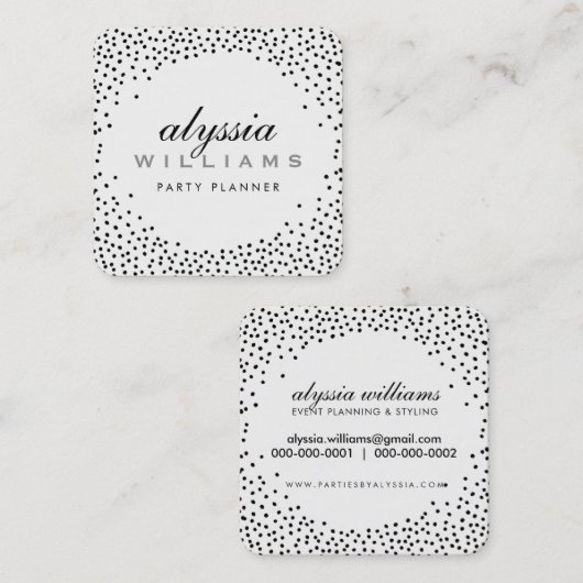 Carte De Visite Carré RUSTIQUE MINI CONFETTI mignon luxe halo noir blanc (Devant / Derrière)